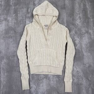 Polo Jeans Ralph Lauren Hooded Sweater Womens S Cream Fisherman Cable Knit Y2K